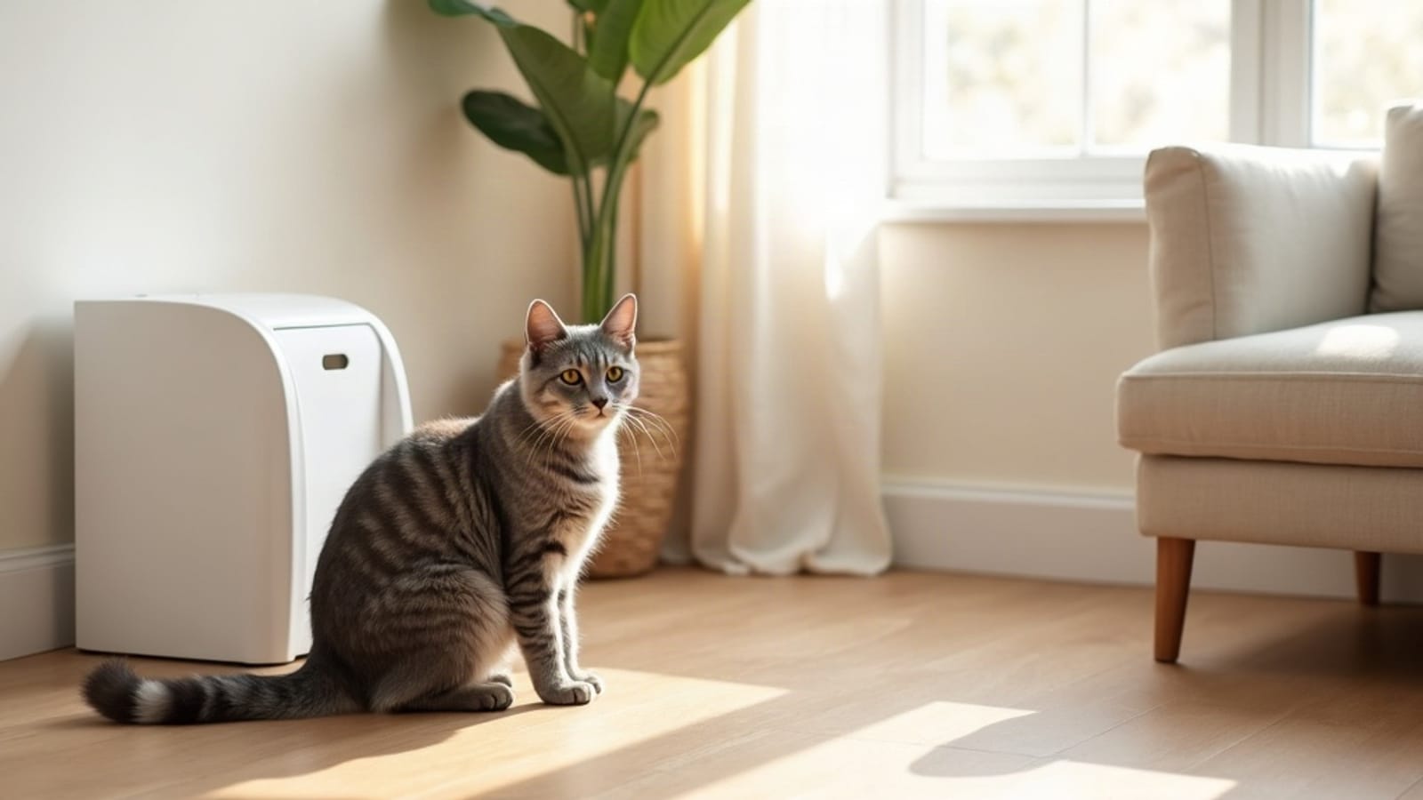 Un chat tigré assis près d'une litière automatique blanche, dans un salon lumineux